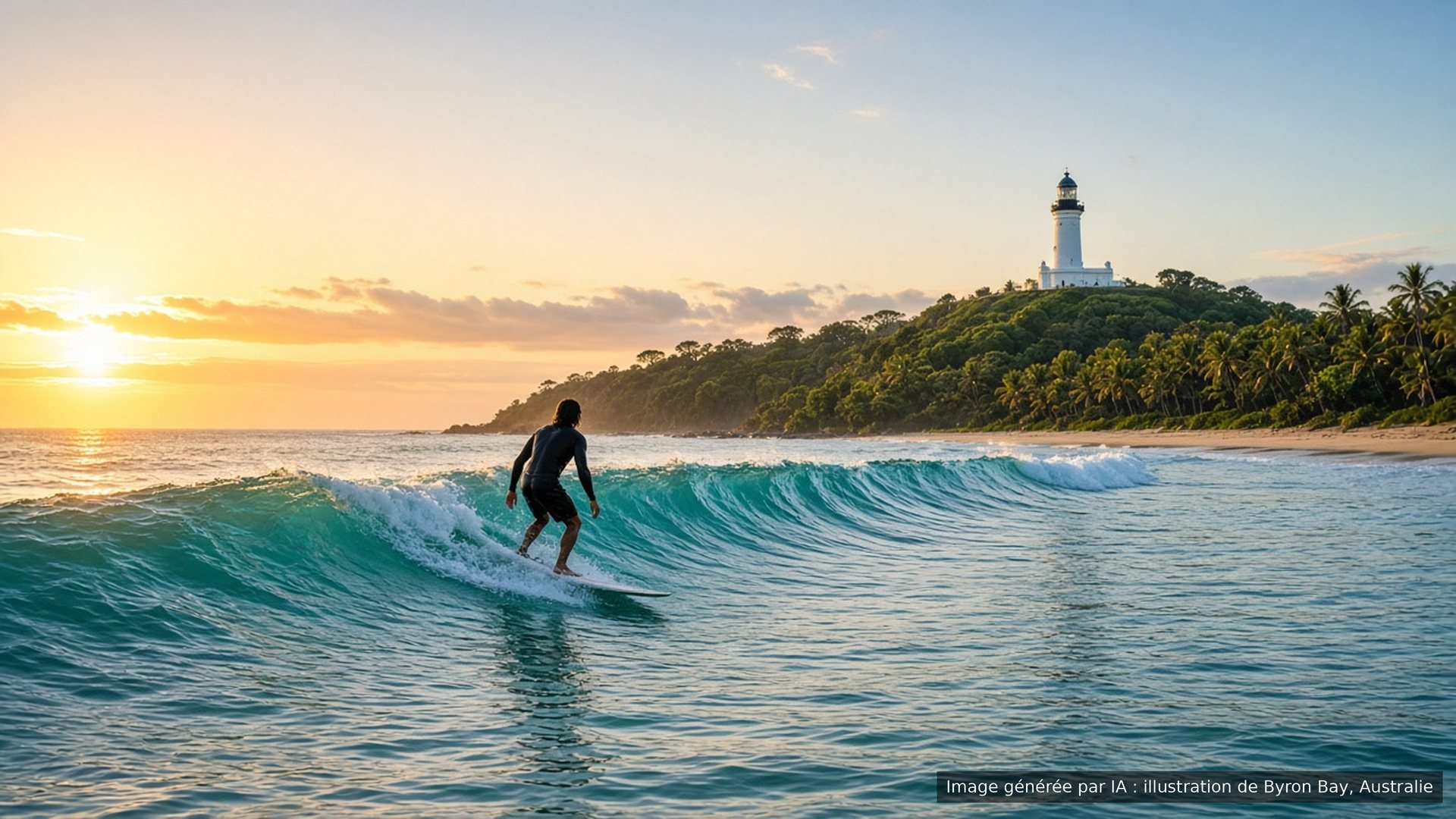 Image générée par IA : un surfeur au lever du soleil sous le phare de Byron Bay, Australie