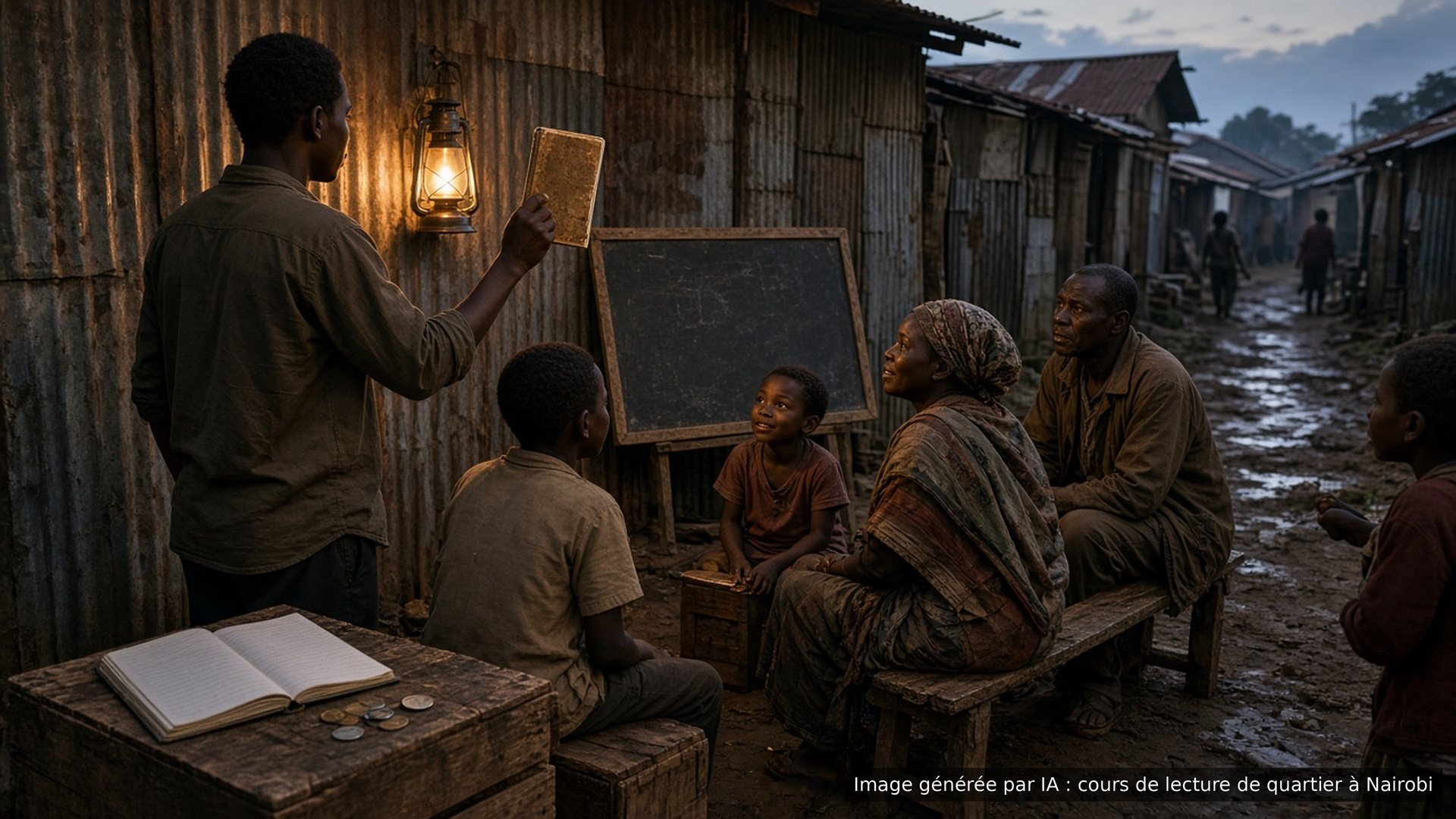 Image générée par IA : un jeune homme apprend à lire à ses voisins à la lueur d’une lanterne, à Nairobi