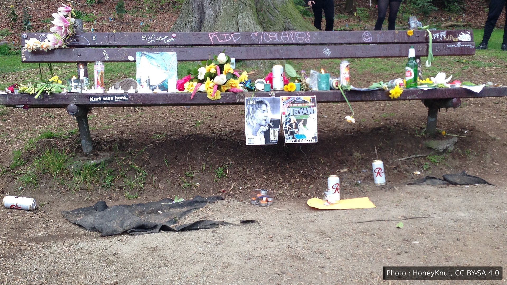 Le banc commémoratif de Kurt Cobain au parc Viretta, à Seattle, couvert de fleurs